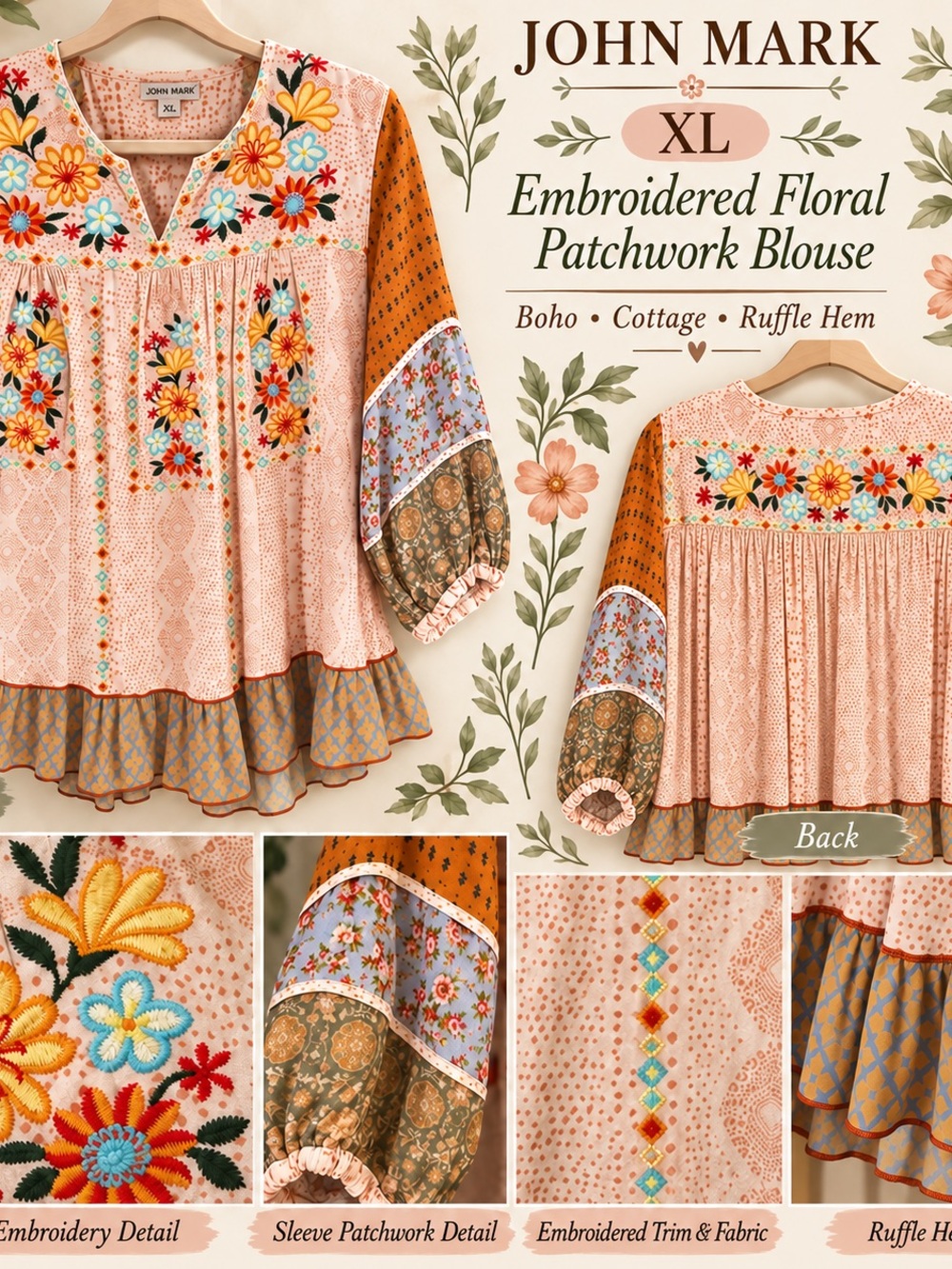 John Mark Peach Multi Embroidered Patchwork Blouse
